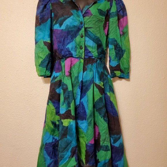 Vintage Doncaster Blue Purple Abstract Dress SZ 14 Mod Art to wear Swing - Picture 2 of 10